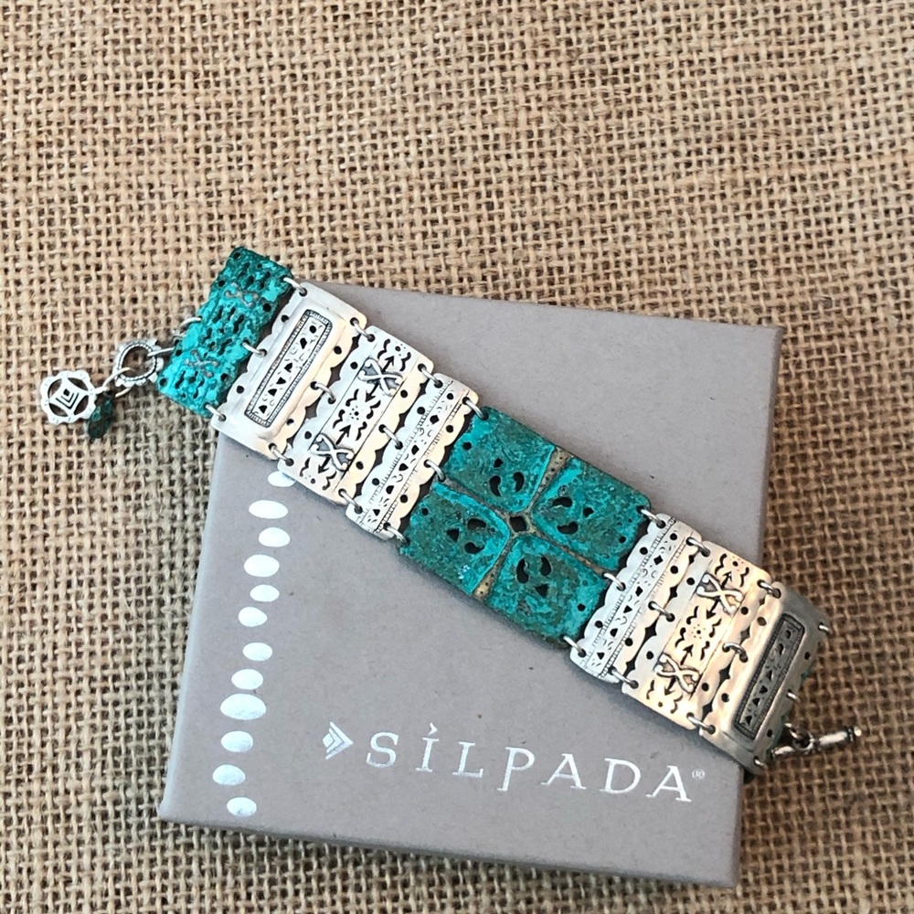Silpada Sterling Silver .925 & Green Patina Brass Adjustable Toggle Bracelet